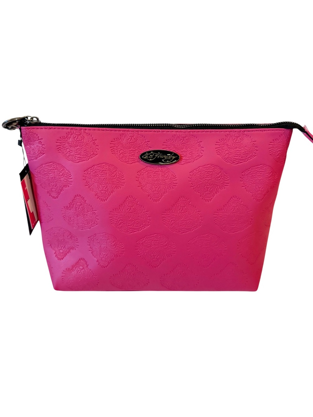 Ed Hardy Oversized Hot Pink Embossed Tiger Cosmetic Bag Makeup Toiletry Bag